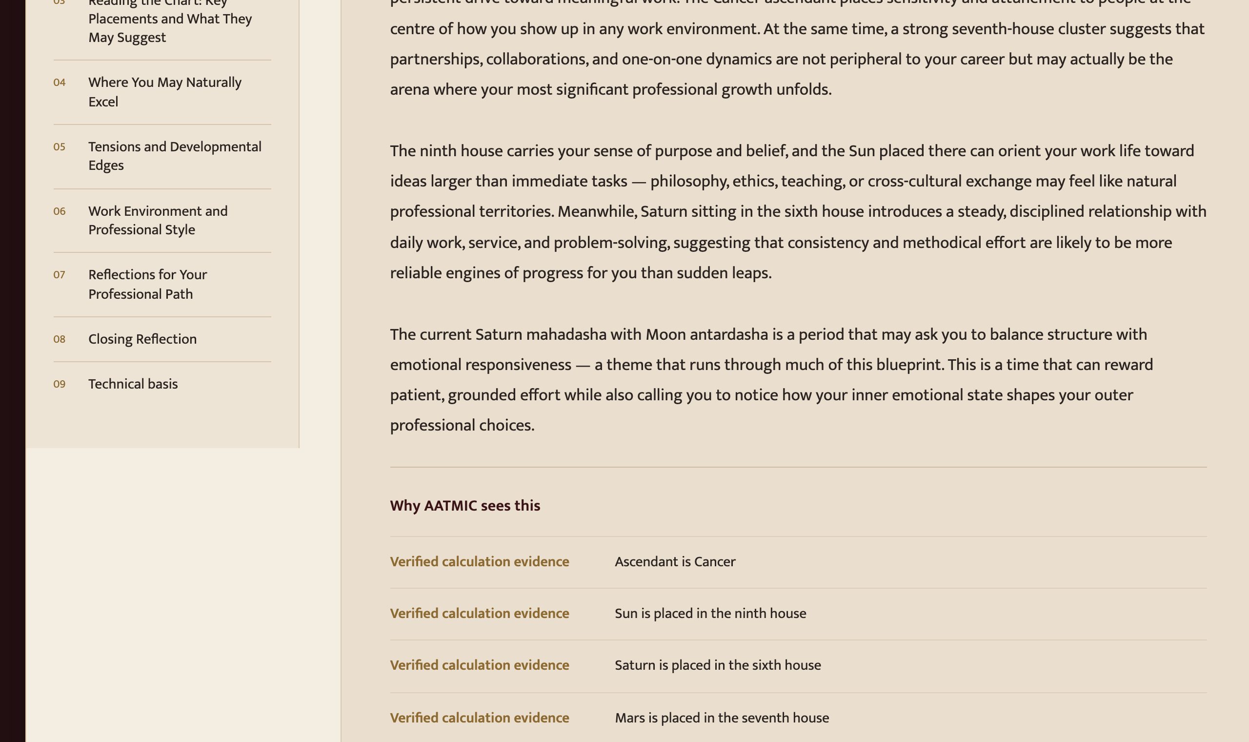 Sample interpretation section: the contents rail with real chapter titles beside readable plain-language paragraphs.