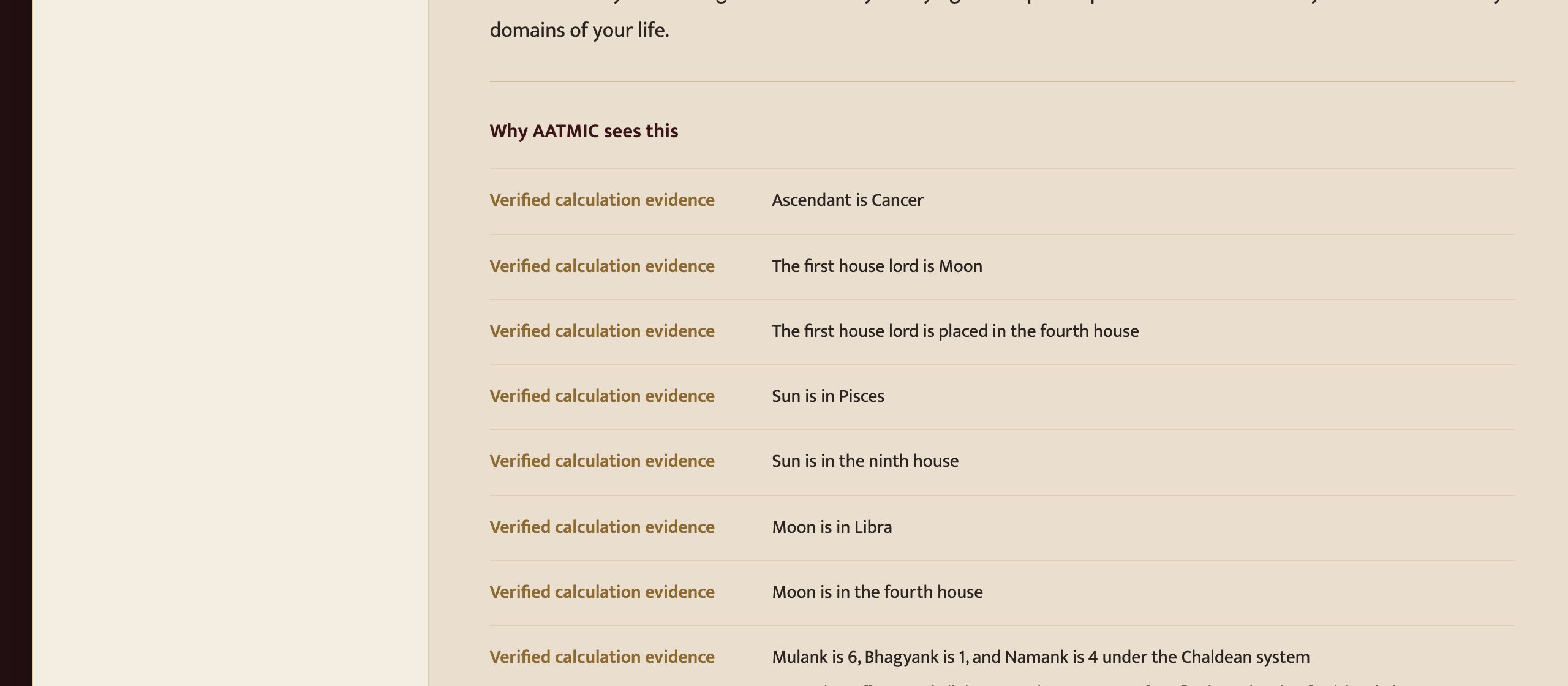 Sample evidence disclosure headed “Why AATMIC sees this”, listing the verified calculation facts behind the paragraph above it.