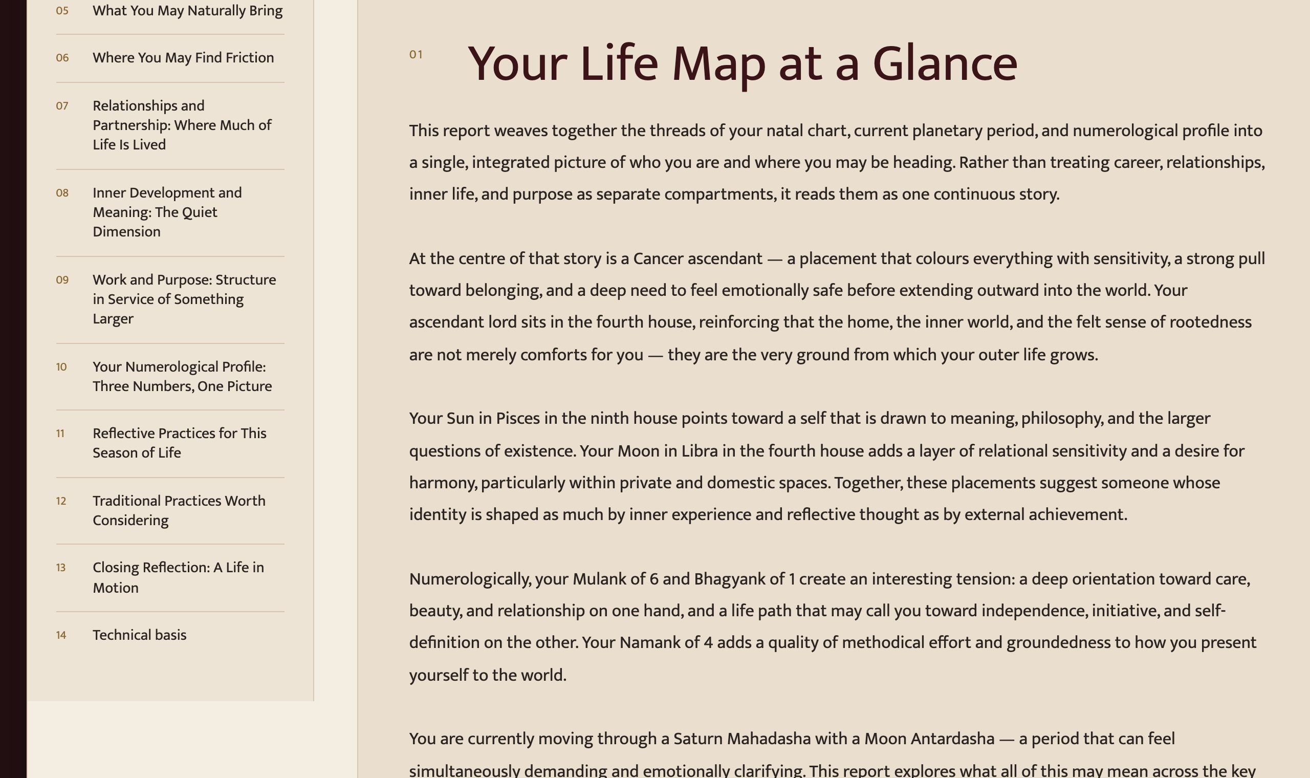 Sample interpretation section: the contents rail with real chapter titles beside readable plain-language paragraphs.