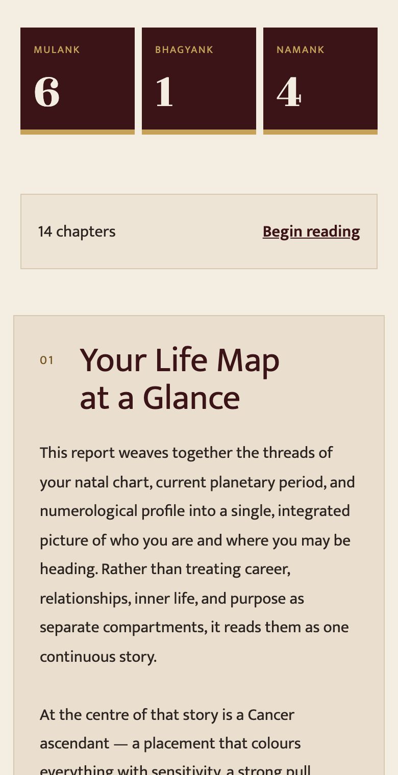 A real section of the sample report as it reads on a phone: a numbered chapter heading and readable plain-language paragraphs.