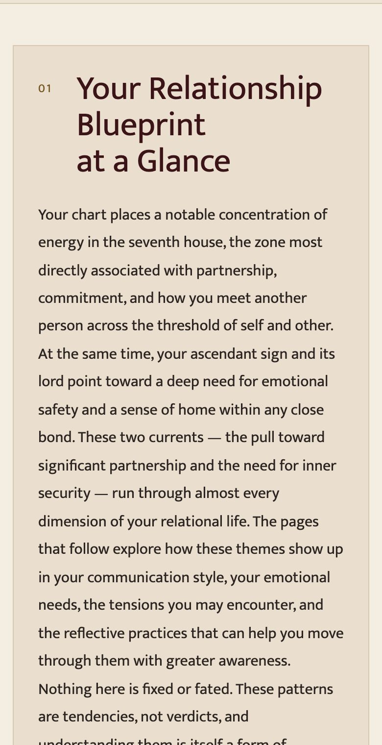 A real section of the sample report as it reads on a phone: a numbered chapter heading and readable plain-language paragraphs.